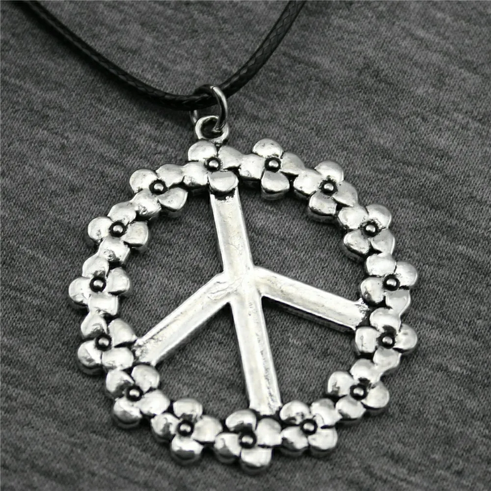

Fashion 2019 Leather Chain Necklace Pendant 38mm Flower Peace Sign 2 Colors Antique Bronze Antique Silver Color