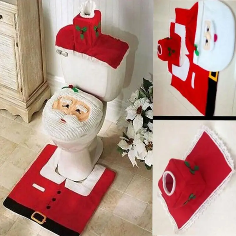Зернистый, комплект из 3 предметов, нарядное Санта-Клаус, Туалет чехлы на сиденья и ковер Ванная комната пижамный комплект на Рождество, украшение леверт dig6621