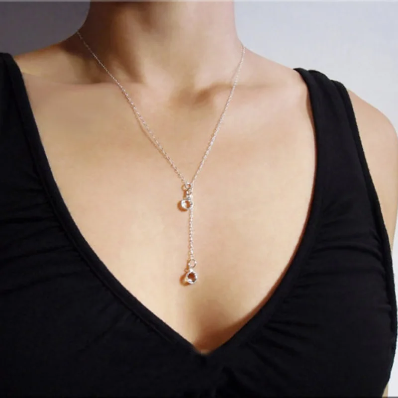 Women Simple Crystal Necklace Gold Silver Thin Chain 2 Rhinestone Bead