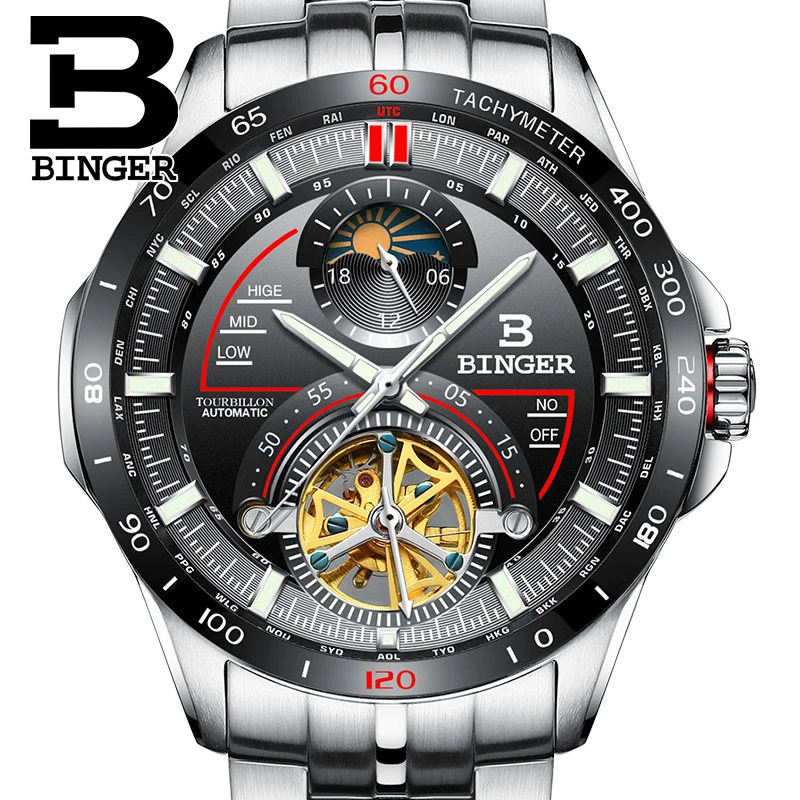 Switzerland BINGER мужские часы Топ бренд Роскошные Tourbillon автоматические механические