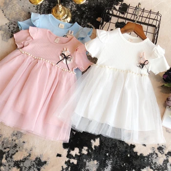 

Summer New Girls Dress Princess Baby Girl Cute Beaded Corsage Knit Patchwork Short-Sleeve Dress Children Clothing Party Dresses