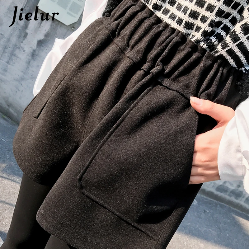 Jielur Winter Woolen Shorts Women 2019 New Korean Harajuku Loose High Waist Wide Leg Shorts M-XXL Black Dark Gray Short Feminino