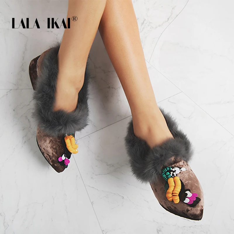 

LALA IKAI Women Velvet Middle Heel Pumps Fur Bling Slip-On Flock Pointed Toe Fashipn Stiletto Shoes Square Shoes 014C2373 -49