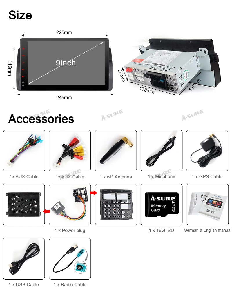 Top A-Sure 9 Inch 2 Din Android 9.0 Car Auto Radio GPS DVD Play Stereo Navigation For BMW E46 MG ZT Rover 75 DAB+ 32G ROM Quad-Core 32