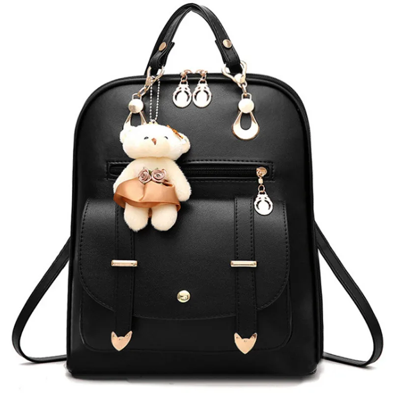 Women Backpack Vintage Backpacks for Teenage Girls 2019 Fashion Black Bear Travel Pack Bags High Quality PU Leather Rucksack
