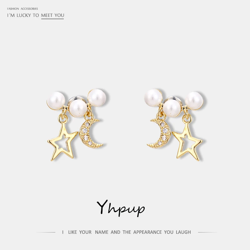 Yhpup, трендовые изысканные блестящие серьги-гвоздики с кубическим цирконием, лунной звездой, крошечные романтические серьги для женщин, вечерние аксессуары