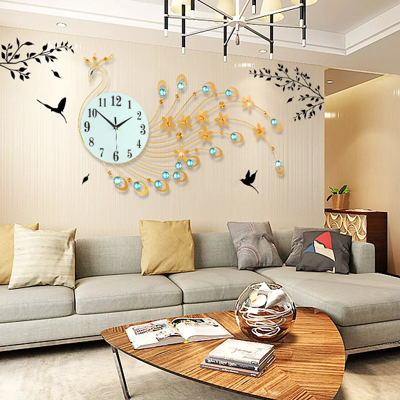 

3D Wall Clock Modern Design Home Decor Wall Watches Living Room Diamonds Peacock Decorative Wrought Iron Silent Big Clock