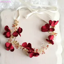 Jonnafe Red Flower Women Tiara Headpiece Handmade Bridal Headband Wedding Hair Accessories Gold Jewelry
