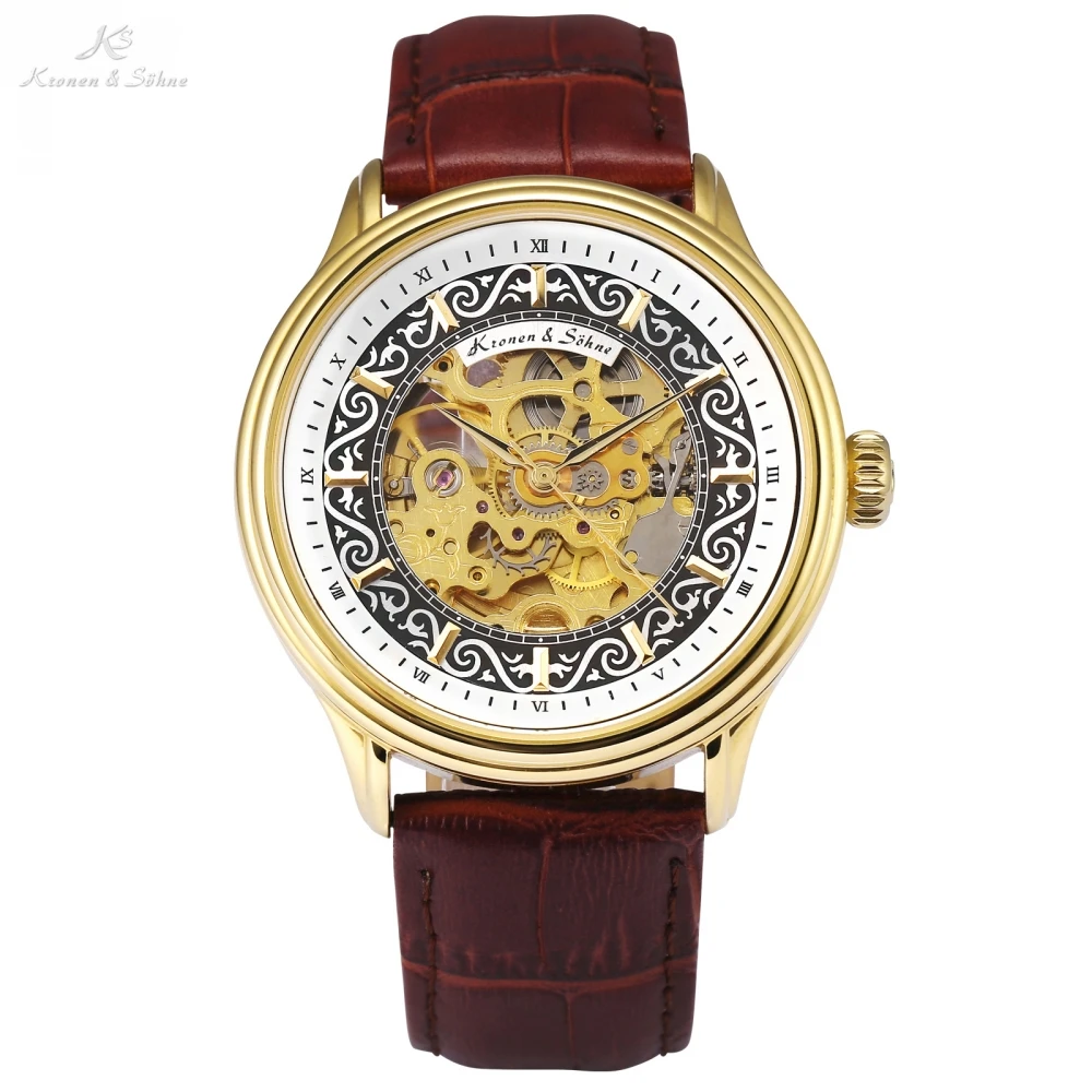 Kronen Sohne Skeleton Mens Watches Golden Steel Case Brown Leather Strap Montre Homme Automatic Mechanical Dress Watch /