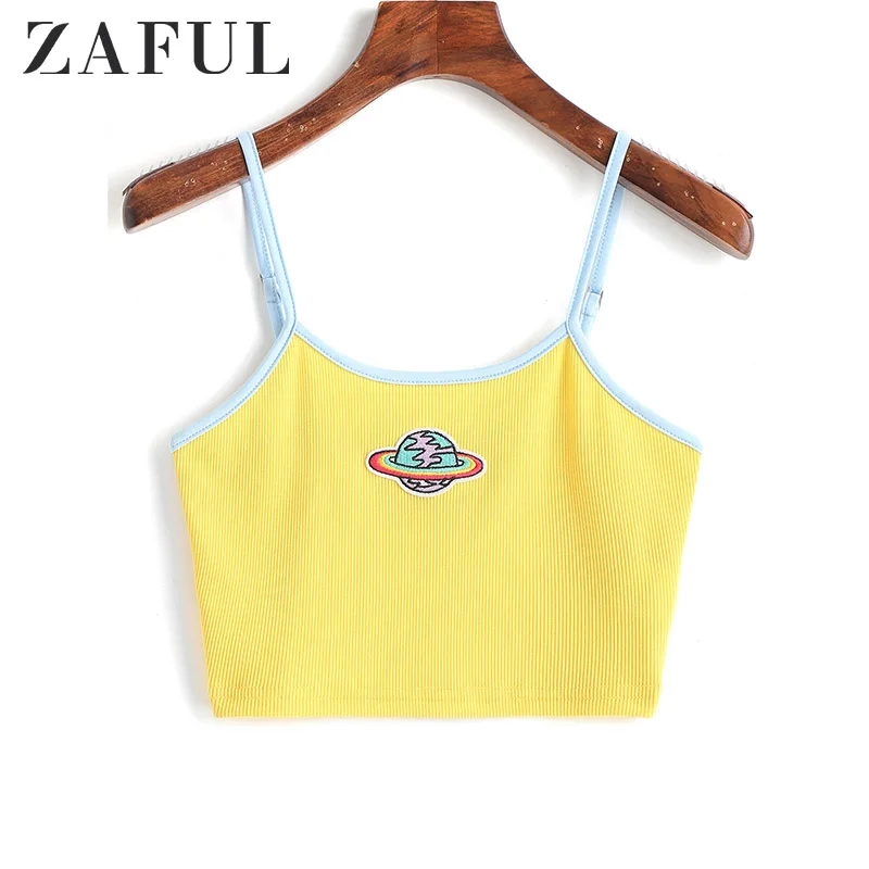 

ZAFUL Planet Embroidered Patched Crop Cami Top