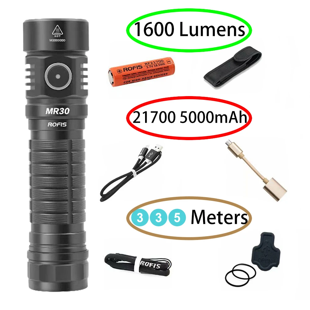 Rofis MR30 XHP35 Здравствуйте светодио дный 1600lm Перезаряжаемые фонарик луч бросать 335 м