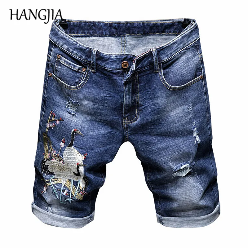 

Blue Best Jeans for Short Men Summer Fashionable Embroidery Crane Vintage Mens Wash Hole Denim Distressed Shorts Plus Size