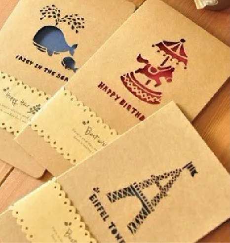 

1pcs/lot 180*110mm New vintage Kraft paper color hollow happy life gift card greeting card with envelope Students DIY Cards