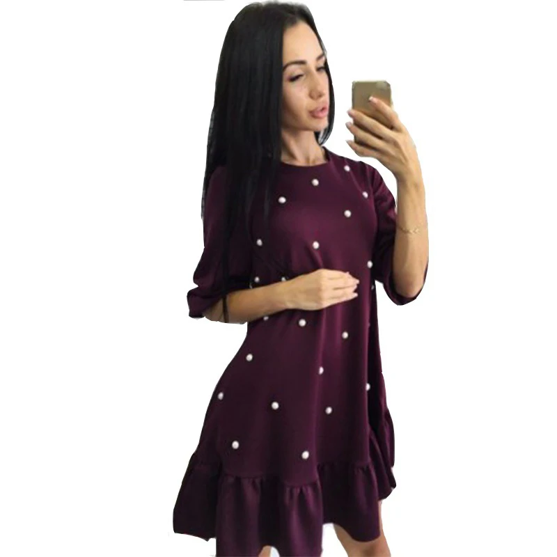 

2019 Autumn New Style Women's Casual Half Sleeve O-Neck Pleated Beading Ruffled Plus Size Winter Dress Mini Dresses vestidos