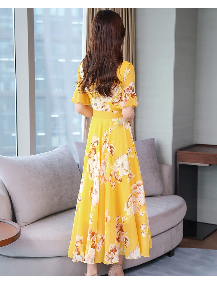 Корейские элегантные цветочные шифоновые платья летние винтажные 3XL плюс размер пляжный Макси Сарафан с принтом женские облегающие вечерние платья