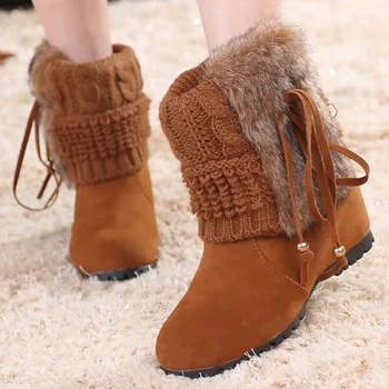 

Lady Short Boots Tassel Fur Warm Winter Wedges Snow Women Boots Shoes GenuineI Mitation Casual Knitting Snow Shoes Z166
