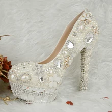 Handmade Sparkling Women High Heels Genuine Leather Rhinestone Bridal Dress Shoes White Pearl Wedding Shoes Size 34-43