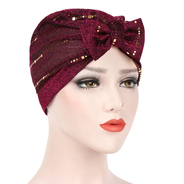 Мусульманские женские хлопковые блестки бантиком с рюшами тюрбан шляпа раковая шапочка при химиотерапии шапки банданы чепчик капот аксессуары для волос - Цвет: Purple