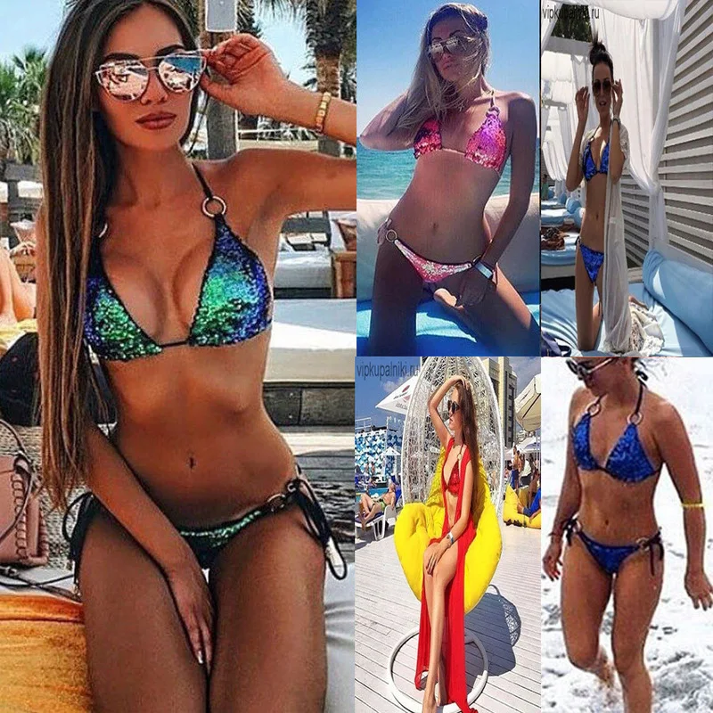 Sexy Sequins Circle String Halter Bikini Set Sparkle Two Piece Swimwear Push-up Bathing Suit Low Waist Swimsuit Summer 2018 XL