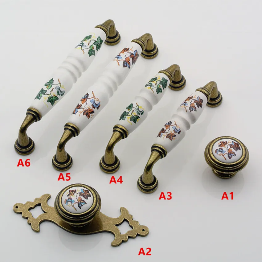 96mm 128mm vintage rural green flower ceramic dresser kitchen door handles pulls antique