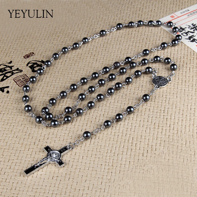 

High Grade Hematite Stone Rosary Beads Necklace With Jesus Cross Long Pendant Charms Prayer Catholic Jewelry
