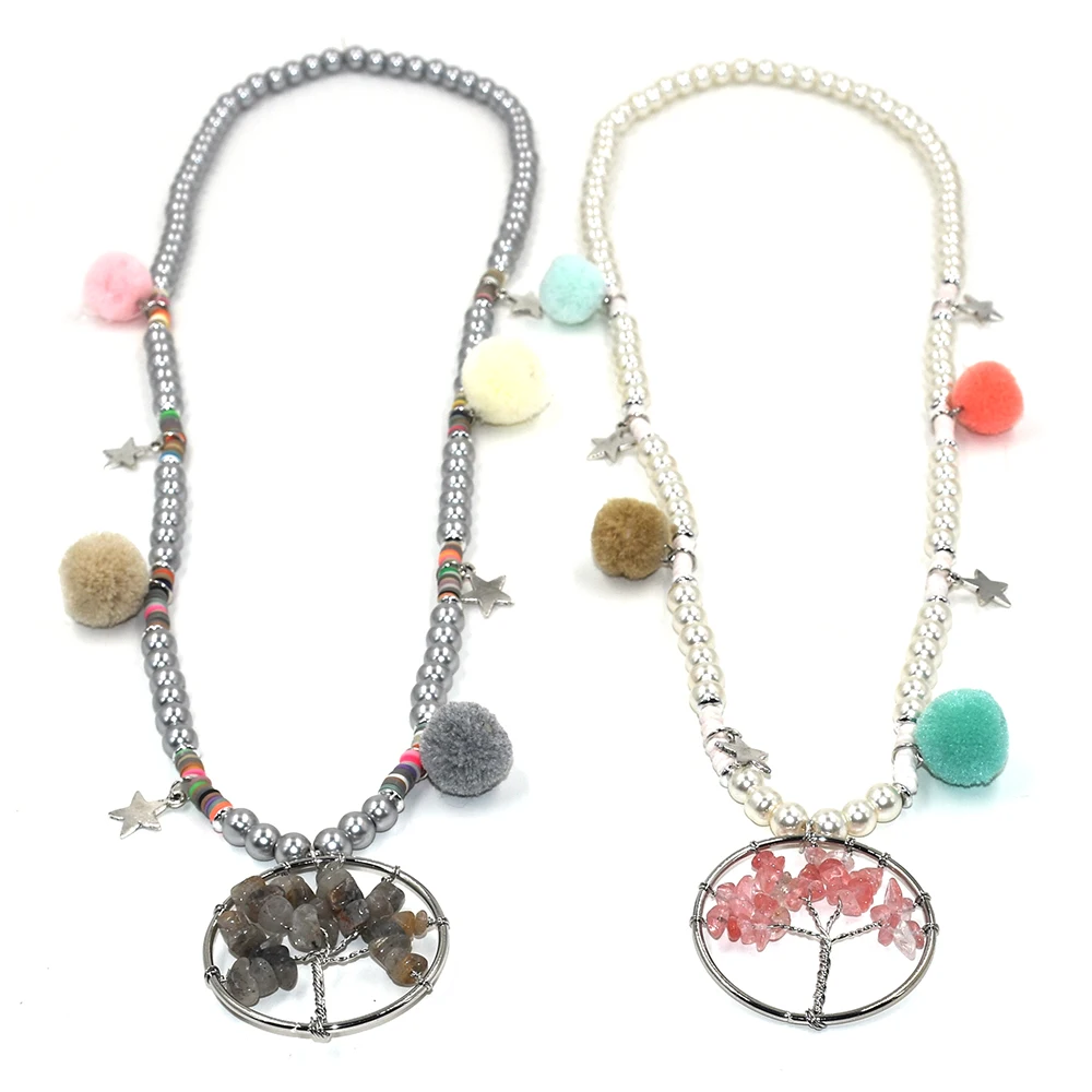 Artificial pearls beaded Chain Rainbow 7 Chakra Tree Of Life Quartz Chips Pendant Necklace Wisdom Tree Stone Necklace