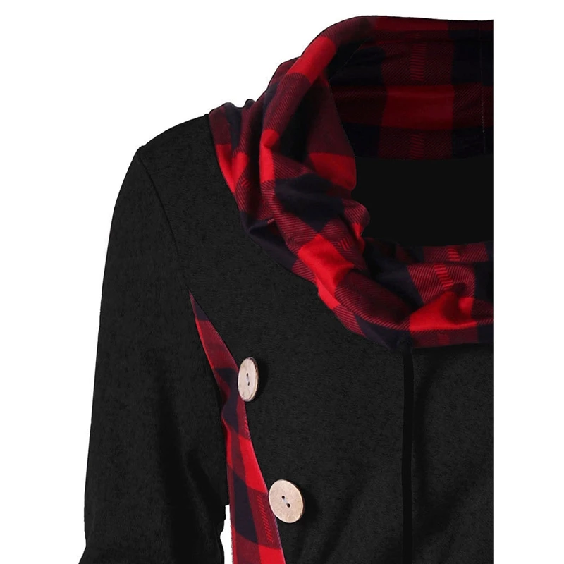 Skup Manubeau 2018 New Arrival jesienne zimowe damskie bluzy z golfem Plaid Patchwork dopasowane do ciała z guzikami damskie bluza z kapturem