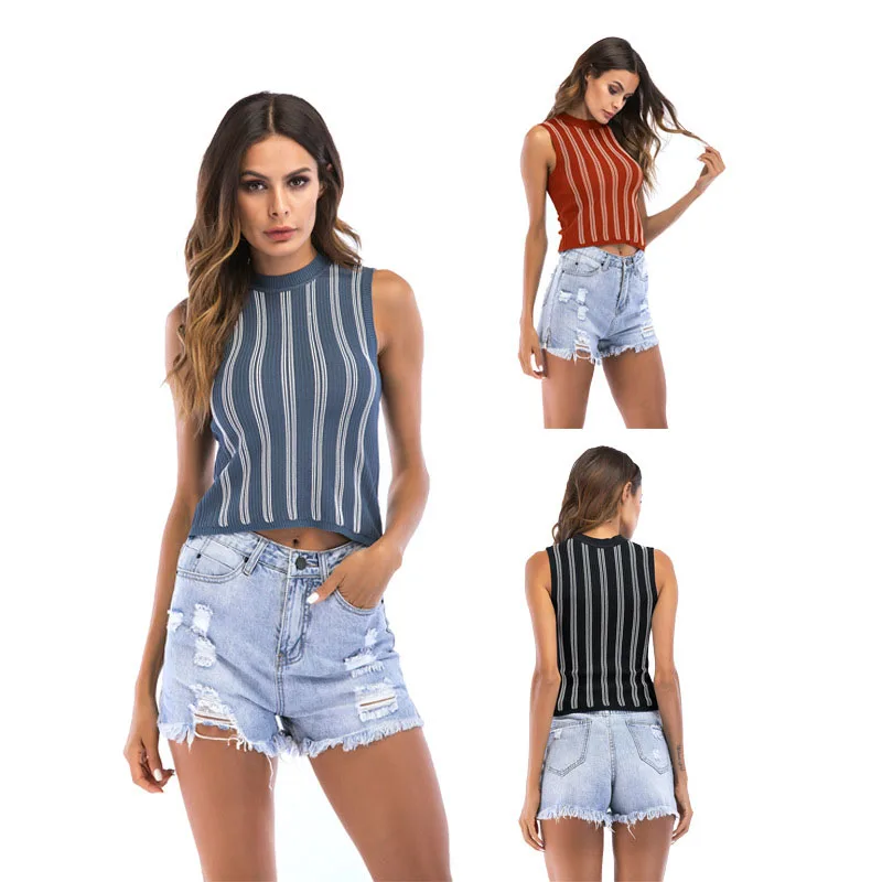 

2019 new camisole female summer foreign trade European and American high collar sleeveless rib knit striped bottom coat