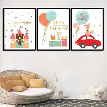 

Cartoon Castle Fox Poster Nordic Style Art Print Child Birthday Gift Balloon Car Painting Kids Room Wall A4 Pictures Home Decor