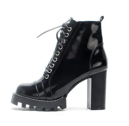 Sexy-High-Heel-Winter-Black-Ankle-Boots-Round-toe-Designer-Platform-Ladies-Lace-up-Motorcucle-Boots