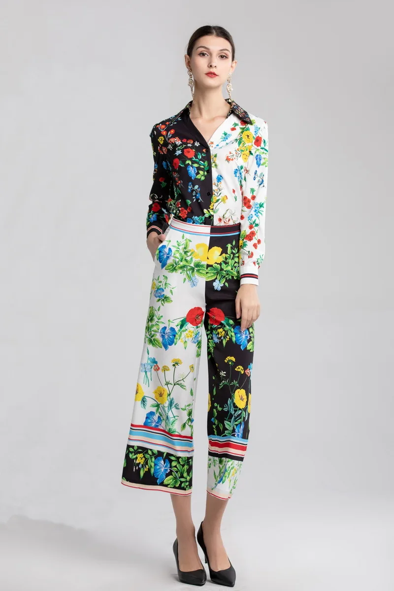 Комплект из двух предметов, весна-лето 2019, Модный комплект одежды, женский топ с цветочным принтом, блузка + широкие брюки до середины икры и
