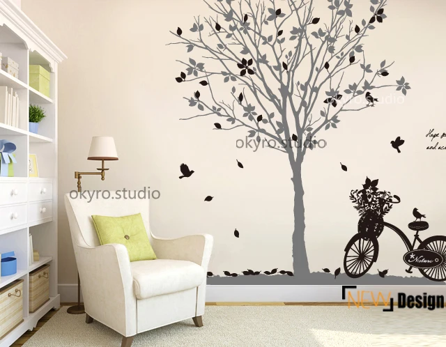 wish tree wall sticker kids boy and girl bicycle leaves make a wish