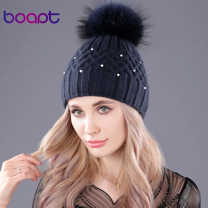 

[boapt] Pearl Natural Raccoon Fur Women's Winter Hats Girls Knitted Wool Rabbit Caps Female Headgear Pompon Skullies Beanies