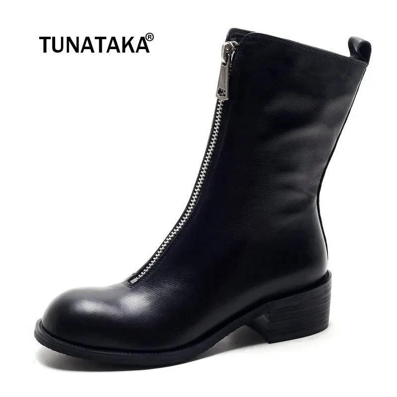 

Genuine Leather Comfort Square Heel Zipper Woman Ankle Boots Fashion Caustal Shopping Ladis Shoes Black Apricot