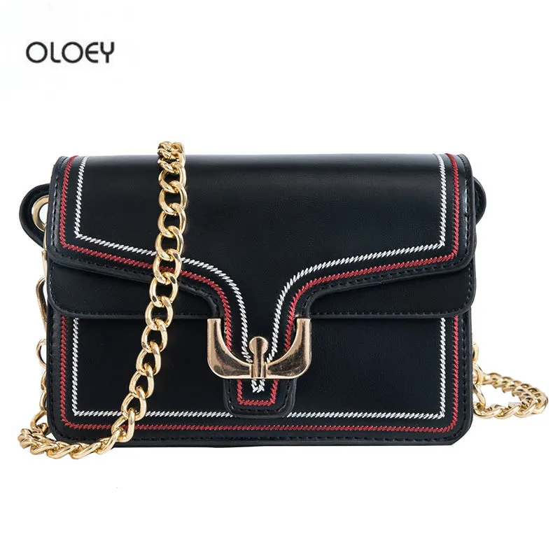 

OLOEY Spring new wild retro handbags Fashion chain shoulder messenger bag Embroidery line small square bag