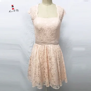 

Vintage Pink Short Lace Bridesmaid Dress Abiti Da Damigella Belt Cap Sleeve Cheap Wedding Party Guest Dresses Open Back 2017