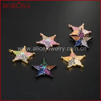 

BOROSA 10pcs New Fashion CZ Micro Pave Star Double Charm,Mixed CZ Rainbow Zircons Crystal Connectors for Jewelry DIY WX342