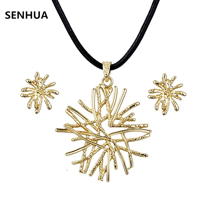 

New Metal Silver Gold Coral Jewelry Sets Party Gifts Wholesale Trendy Plant Stud Earrings Leather Necklace Sets For Women YZ72
