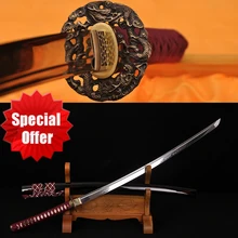 FULL TANG HANDMADE JAPANESE SAMURAI SWORD KATANA CLAY TEMPERED DAMASCUS FOLDED STEEL SHARP BLADE Genuine Rayskin Hard Wood Saya