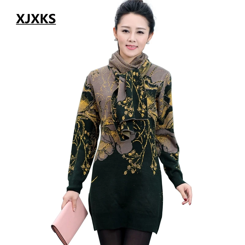 XJXKS 2022 New Women Wool Sweater Knit Middle-aged Mother Dress Autumn And Winter Plus Size Thickening Long With Scarf | Женская одежда