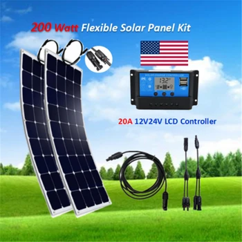 

200 Watt Flexible Solar Panel Kit + 20A LCD USB Controller 12/24V + 5M solar cable + 1 Pair Y connector adaptor for RV Boat