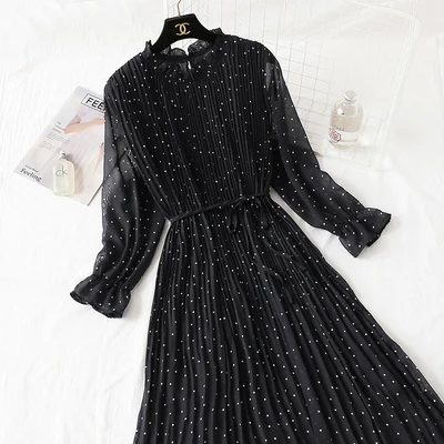 Весна лето новое популярное женское Плиссированное шифоновое платье с принтом модное женское Повседневное платье с расклешенными рукавами и воротником в виде листа лотоса 86 - Цвет: Dot black