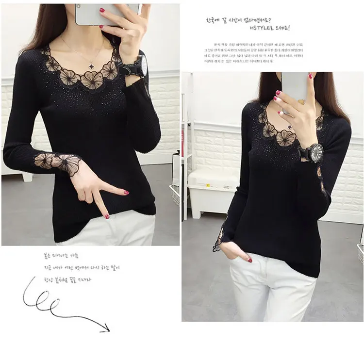Women Pullovers 2019 Flower Lace Pullover Sweaters Fashion Round Collar Knitted Tricot Pull Fall High Elastic Sweater Women (10)
