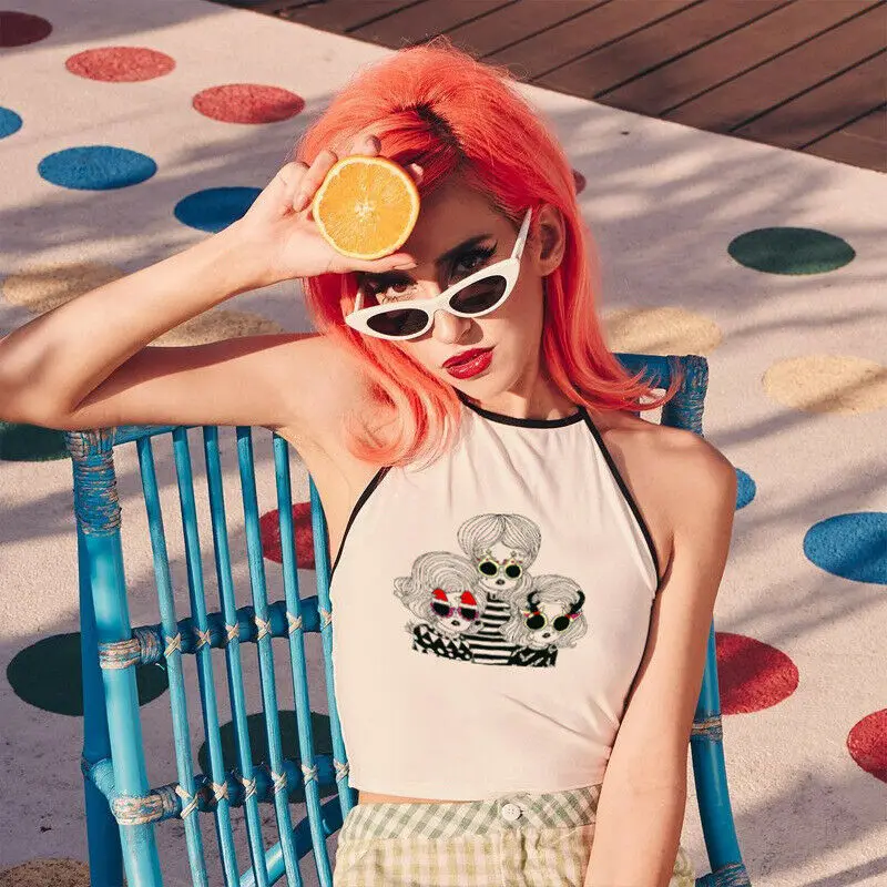 

Sexy Sport Women Halter Bare Midriff Cartoon Print Tank Tops Vest Sexy Sleeveless Crop Top Cami
