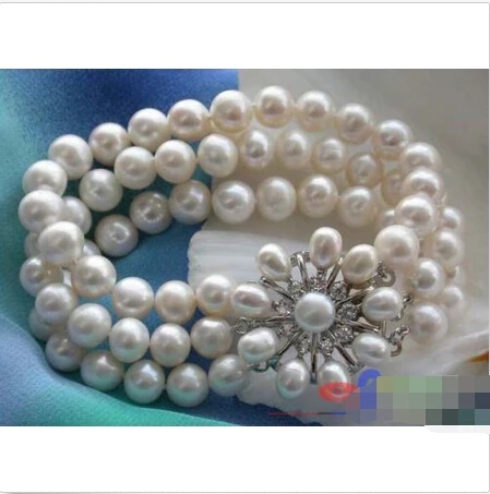 

p1752 3ROW 8" 10mm WHITE ROUND FRESHWATER PEARL BRACELET @^18K GP SHIPPING 5.25