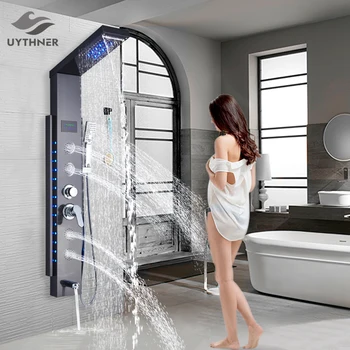 

Newly Luxury Black/Brushed Bathroom Shower Faucet LED Shower Panel Column Bathtub Mixer Tap With Hand Shower Temperature Screen