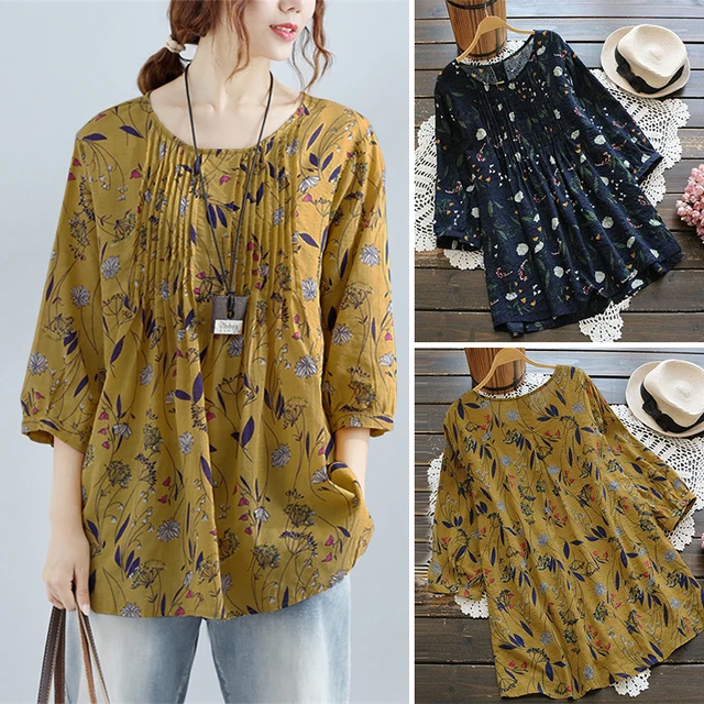 New ZEANZE Women Summer  O Neck 3/4 Sleeve Casual Party Pleated Shirt Office Work Floral Print Loose Blouse Top Plus Size 6