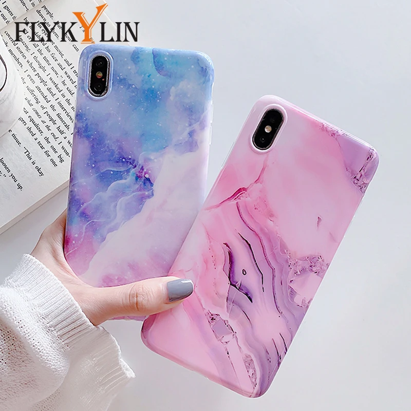 

FLYKYLIN Purple Pink Marble Case For iphone 8 Plus 7 6 S 6S X XS Max XR Back Cover Glossy Soft IMD Silicon Phone Coque Cute Capa