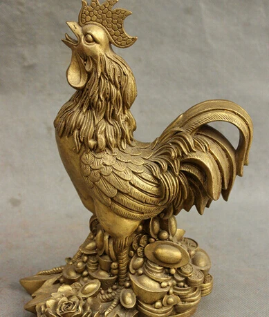 

0 10 Chinese Auspicious Pure Bronze Wealth Zodiac Cock Rooster Coin YuanBao Statue