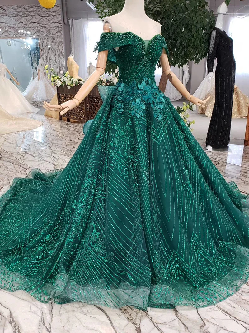HTL240 robe de soiree green lace evening dresses long off the shoulder beaded sweetheart A-line formal party dress court train